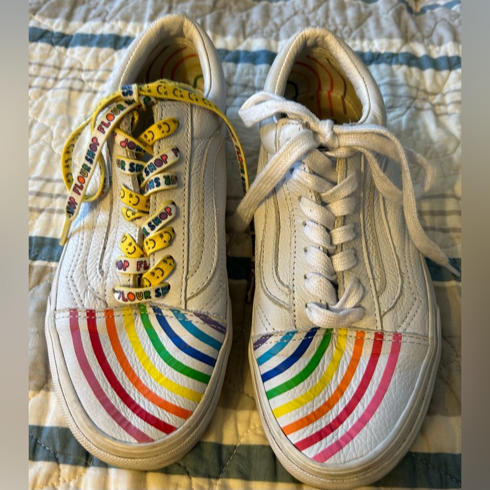 Vans “ flour shop “white sneakers w rainbow size 7.0.  Pride Month.